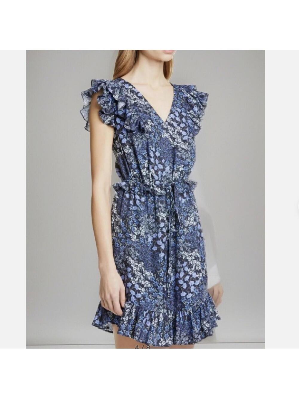 Rebecca Taylor Ava Floral Ruffle Dress Blue Silk | Size 4 Summer Festival